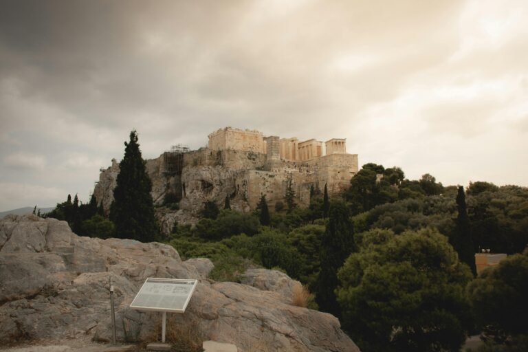 View of the iconic Acropolis in Athens from Mars Hill, showcasing its ancient architecture.